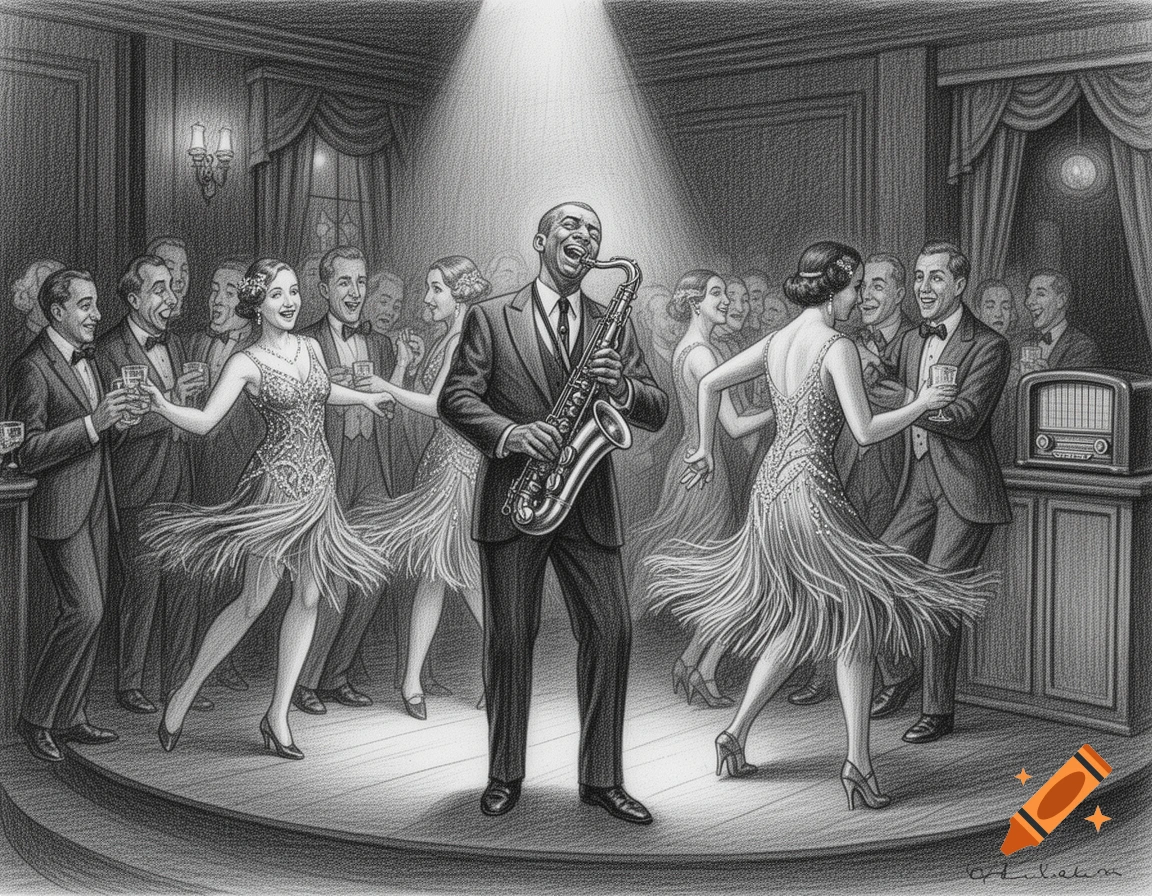 Pencil drawing of a jazz musician playing saxophone on a stage with flappers dancing and people drinking at a 1920s party.