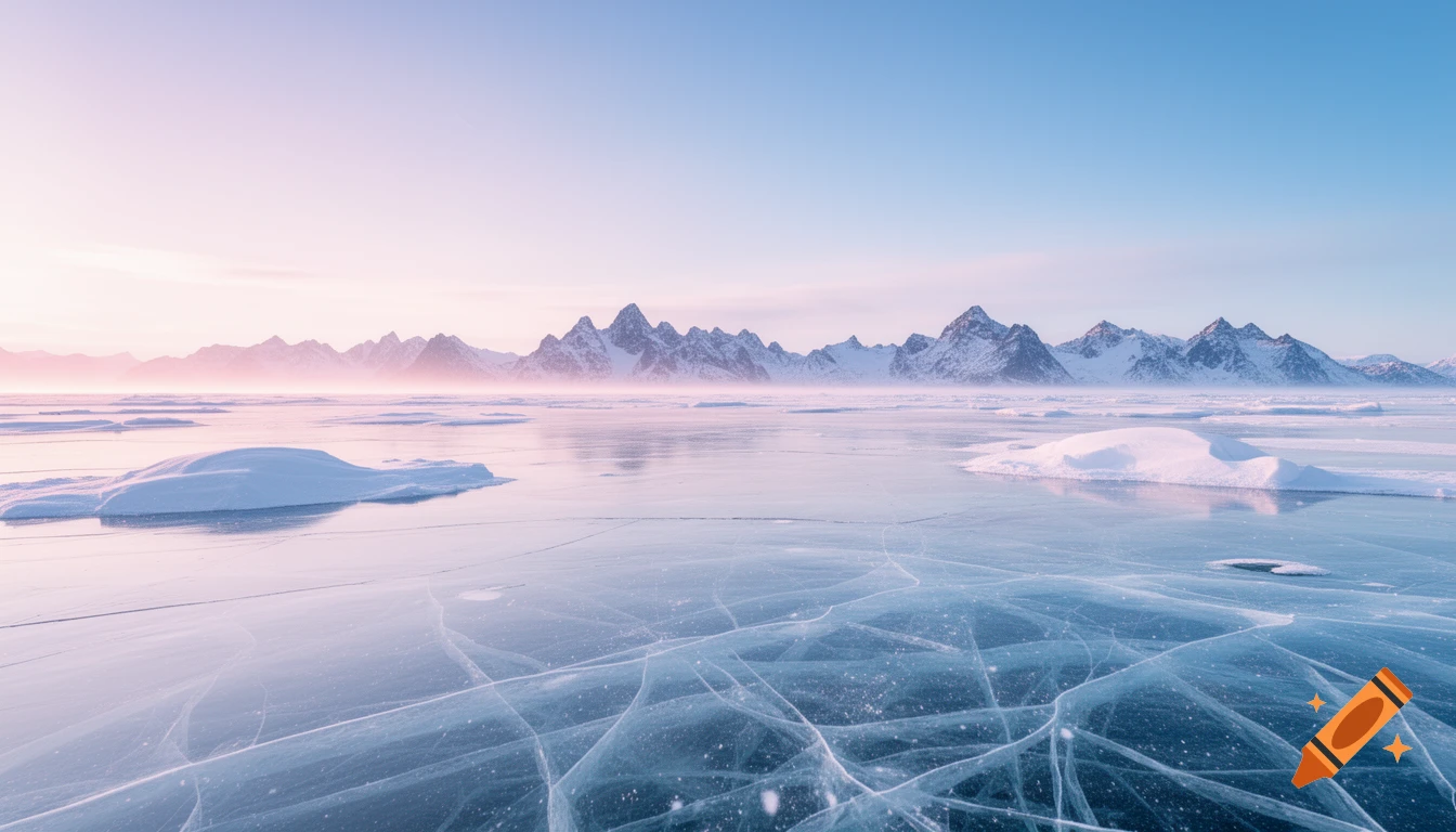 Photorealistic landscape of a vast frozen lake with intricate cracked ice and snow mounds, backed by snow-capped mountains under a pastel pink and blue sky.
