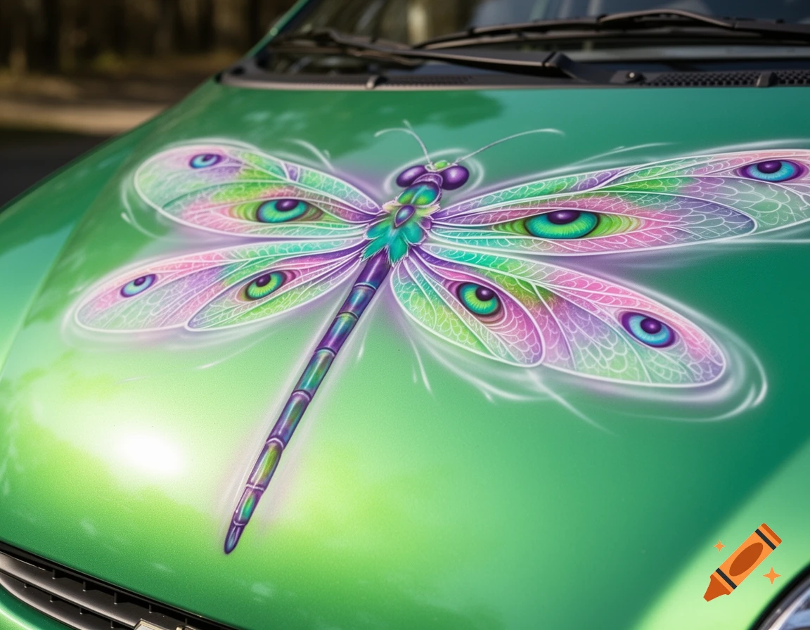 A vibrant purple, green, turquoise, pink, and white dragonfly with eyes on its wings painted on the hood of a green car.