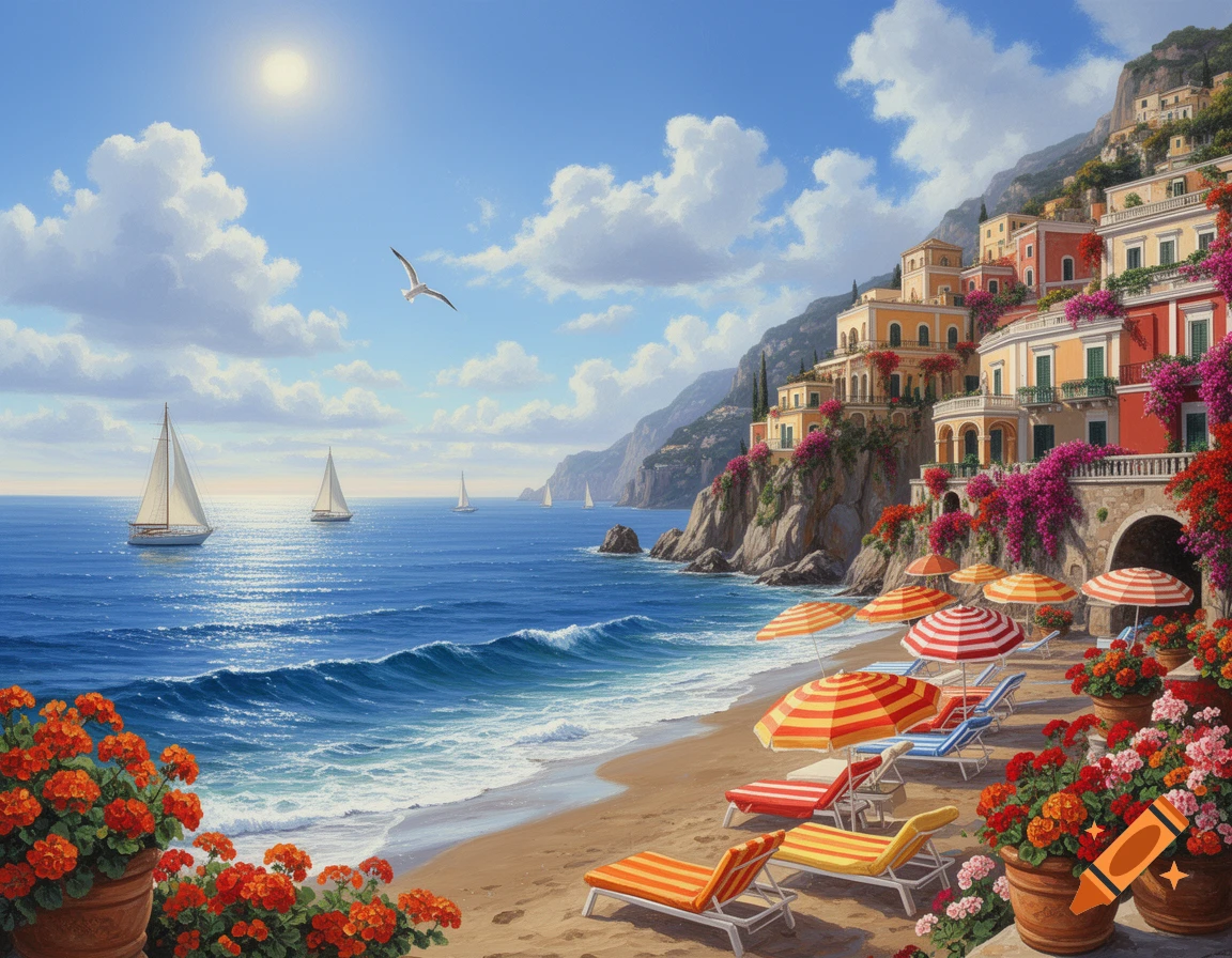 Vibrant illustration of an Amalfi Coast beach with colorful hillside buildings, striped umbrellas, sailboats on blue water, and flowering plants.