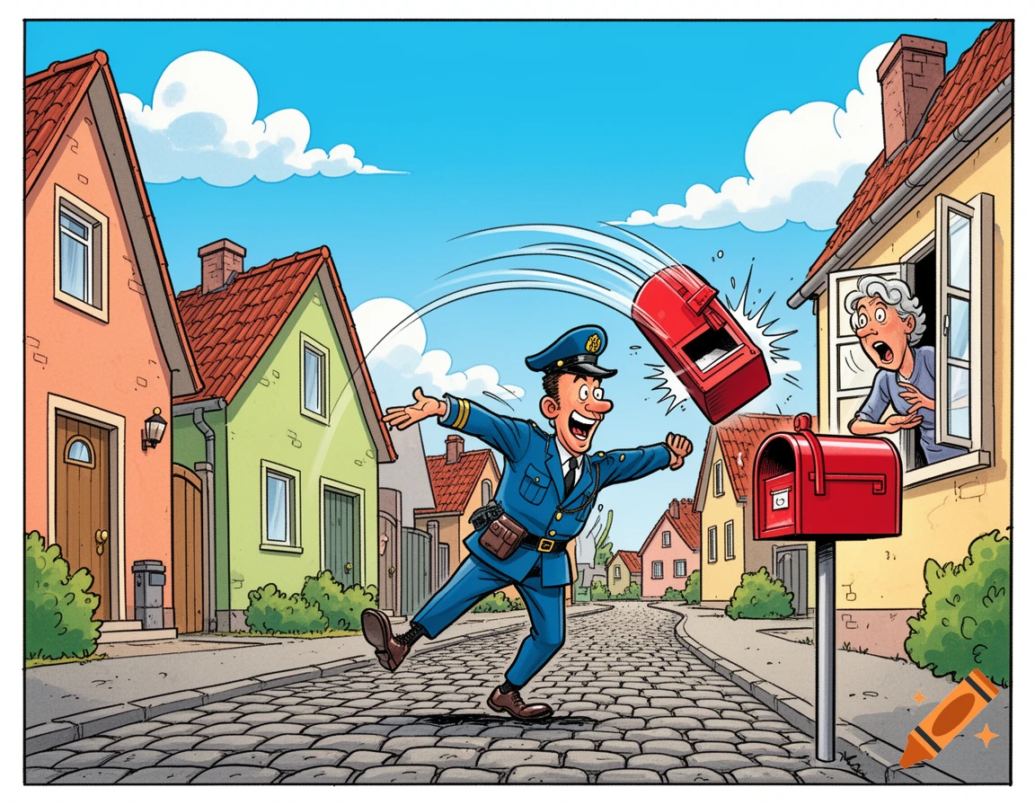 A smiling cartoon postman in uniform throws a red mailbox with great force as a surprised woman watches from a window in a colorful village street, depicted in comic art style.