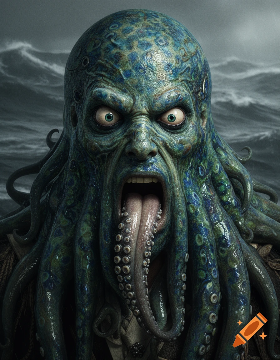 A detailed portrait of the monstrous Davy Jones with wide eyes, his mouth open in an O-shape, revealing a long tentacle tongue, against a stormy sea.