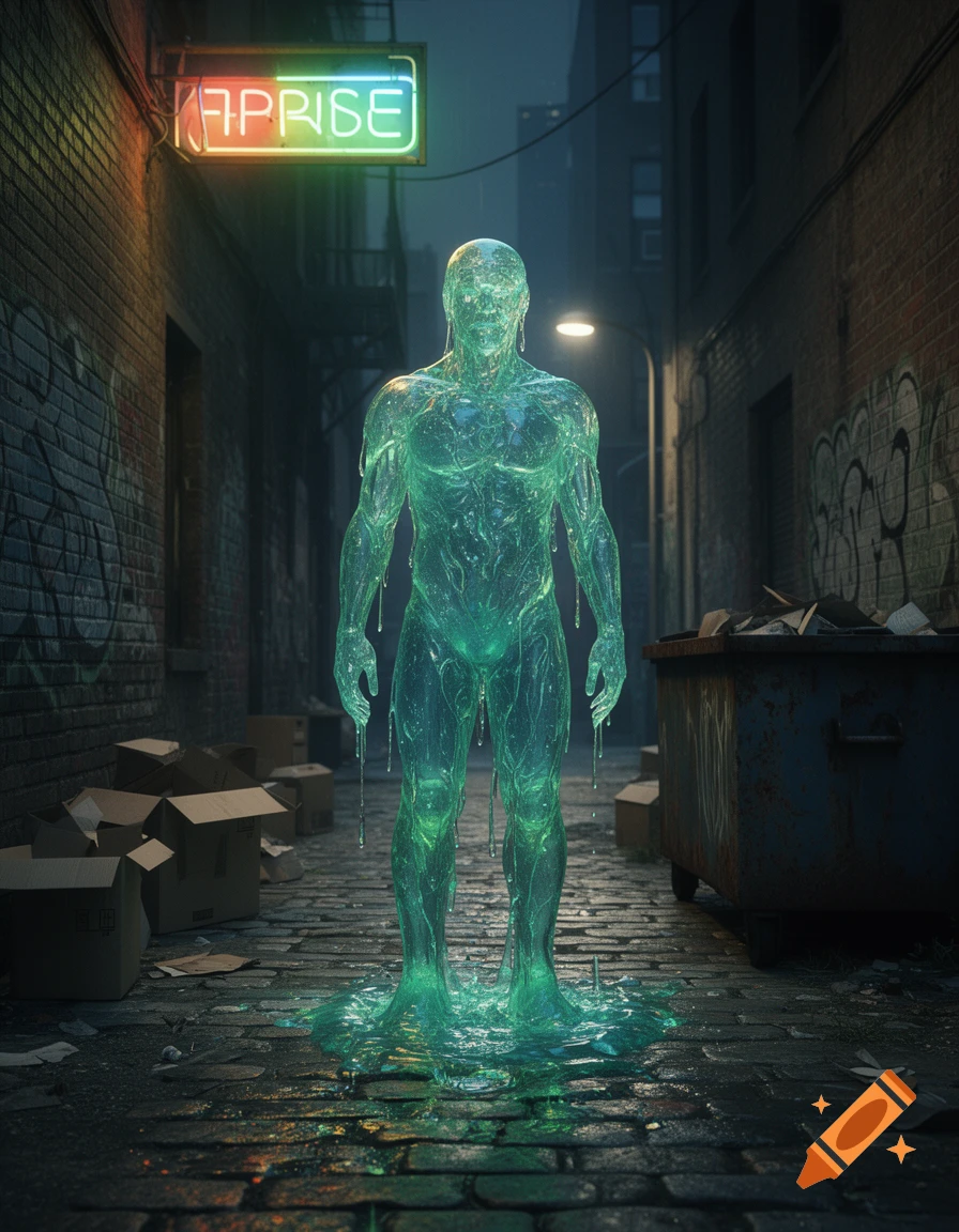 A glowing, translucent green slime creature stands in a dark, wet alley with a neon sign that reads 'ɅPRISE' above.