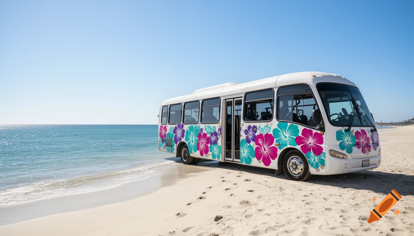 A white bus adorned with teal, magenta, and purple hibiscus flowers is parked on a sandy beach next to the ocean under a clear sky.
