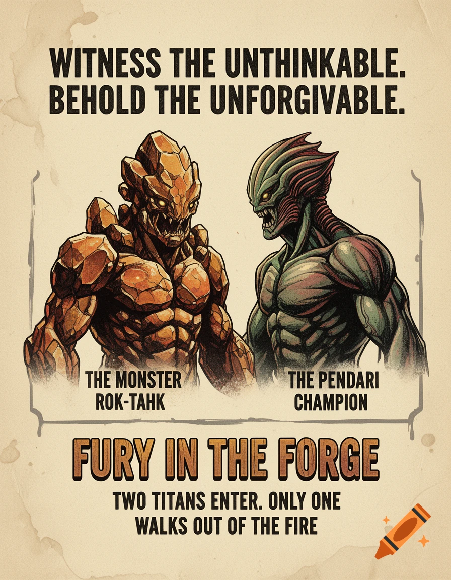 A vintage promotional poster for "FURY IN THE FORGE" showing a rock monster and a green alien champion facing each other, on a distressed paper background.