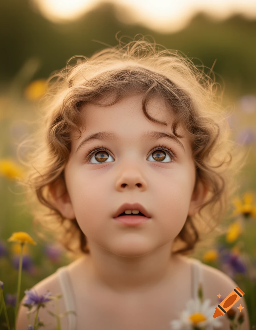 A close-up, soft-focus photo of a young child with curly brown hair and big brown eyes, looking up in a field of colorful flowers.