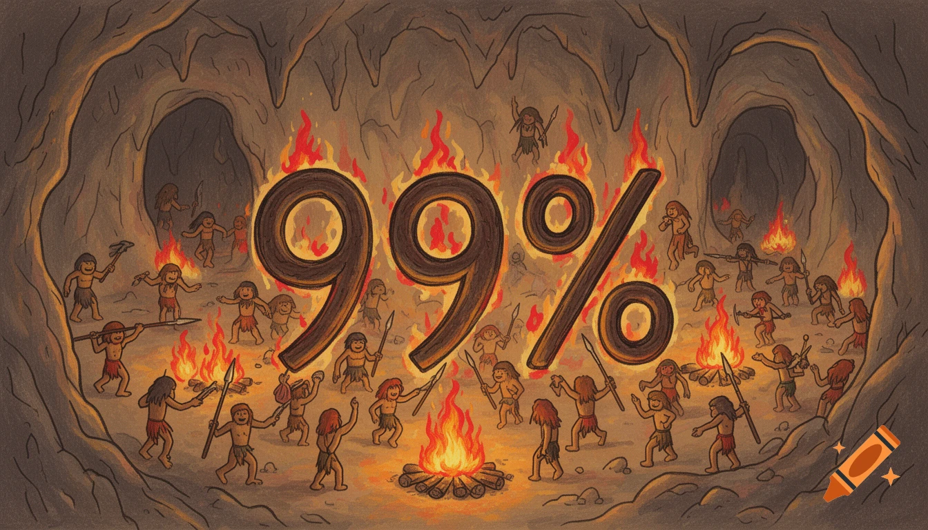 Illustrated cave scene with numerous cartoon prehistoric people, fires, and weapons surrounding large, burning '99%' text.