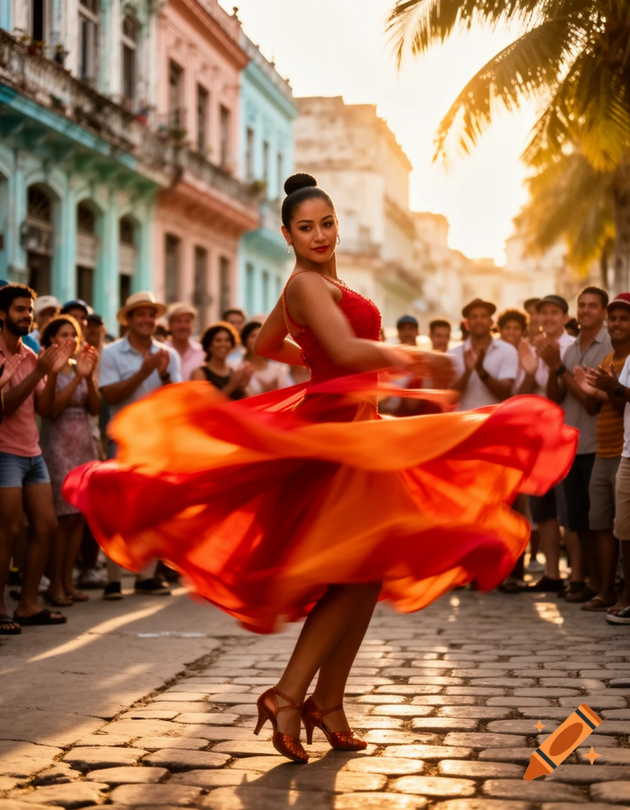 Photorealistic image of a woman in a vibrant red and orange dress dancing salsa on a cobblestone street in Cuba at sunset, surrounded by a cheering crowd.