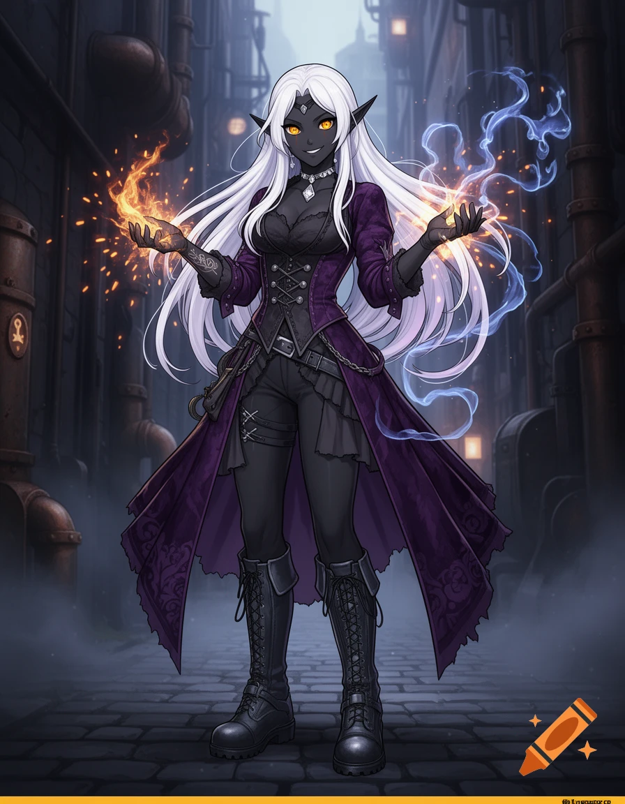 Anime Drow elf sorcerer casting spells with fire and blue magic in a dark fantasy urban alleyway.