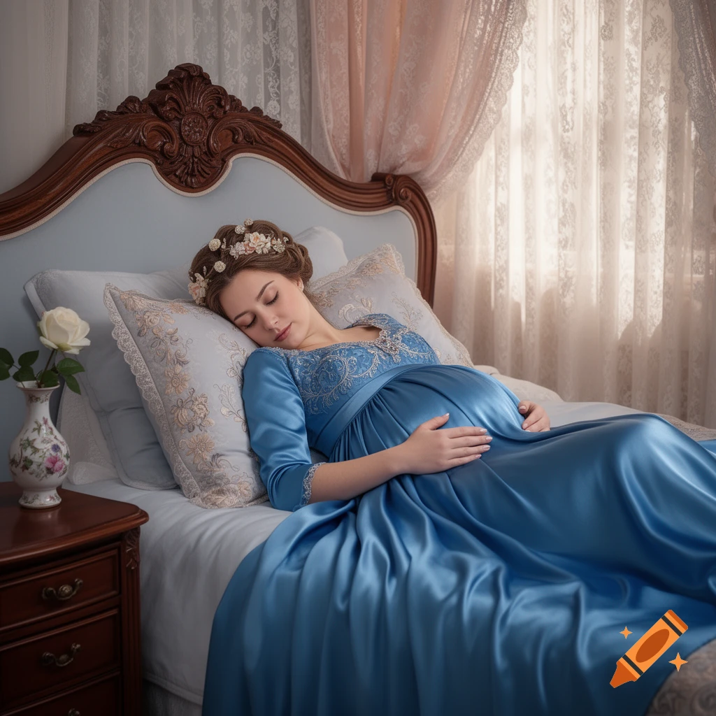 A beautiful pregnant princess with a flower crown sleeps peacefully on an elegant bed, wearing a flowing blue dress and cradling her baby bump.