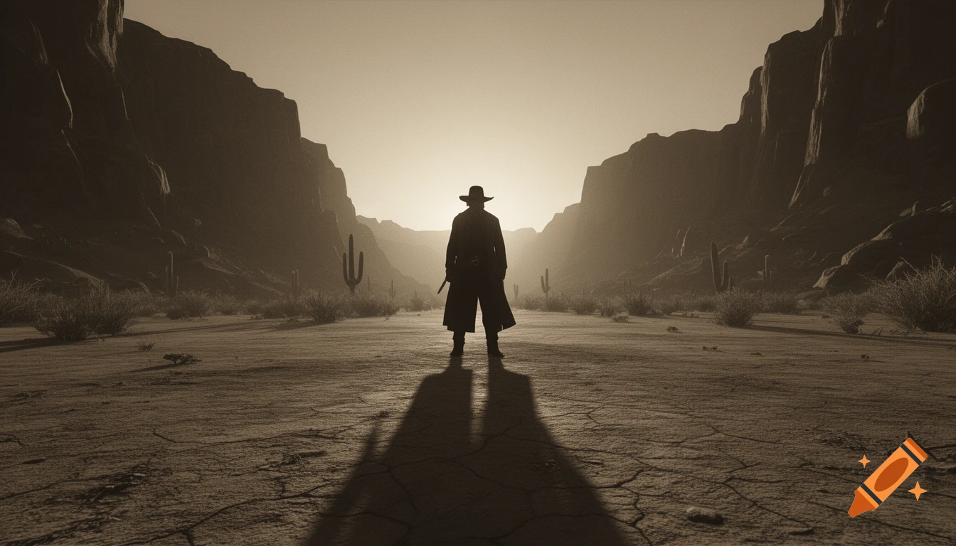 A lone gunslinger in silhouette stands in a vast, sepia-toned desert canyon at dusk, casting long shadows.