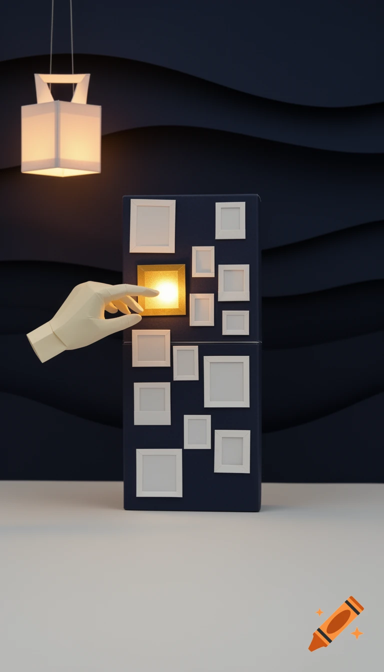 A minimalist paper craft diorama with a geometric hand pointing at a glowing gold frame on a dark blue rectangular object, with a paper lantern above.