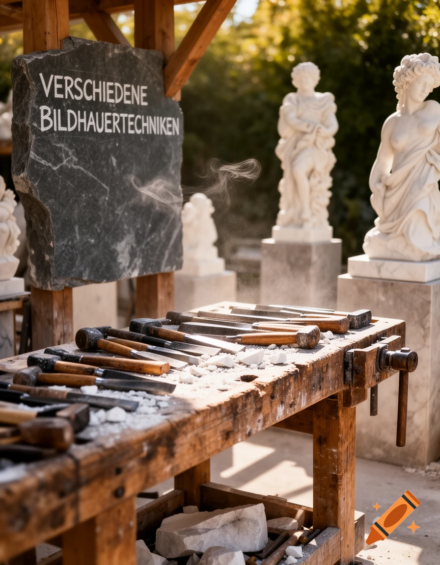 A sunlit art workshop with a wooden workbench covered in sculpting tools and marble dust, next to a sign, with marble statues in the background.