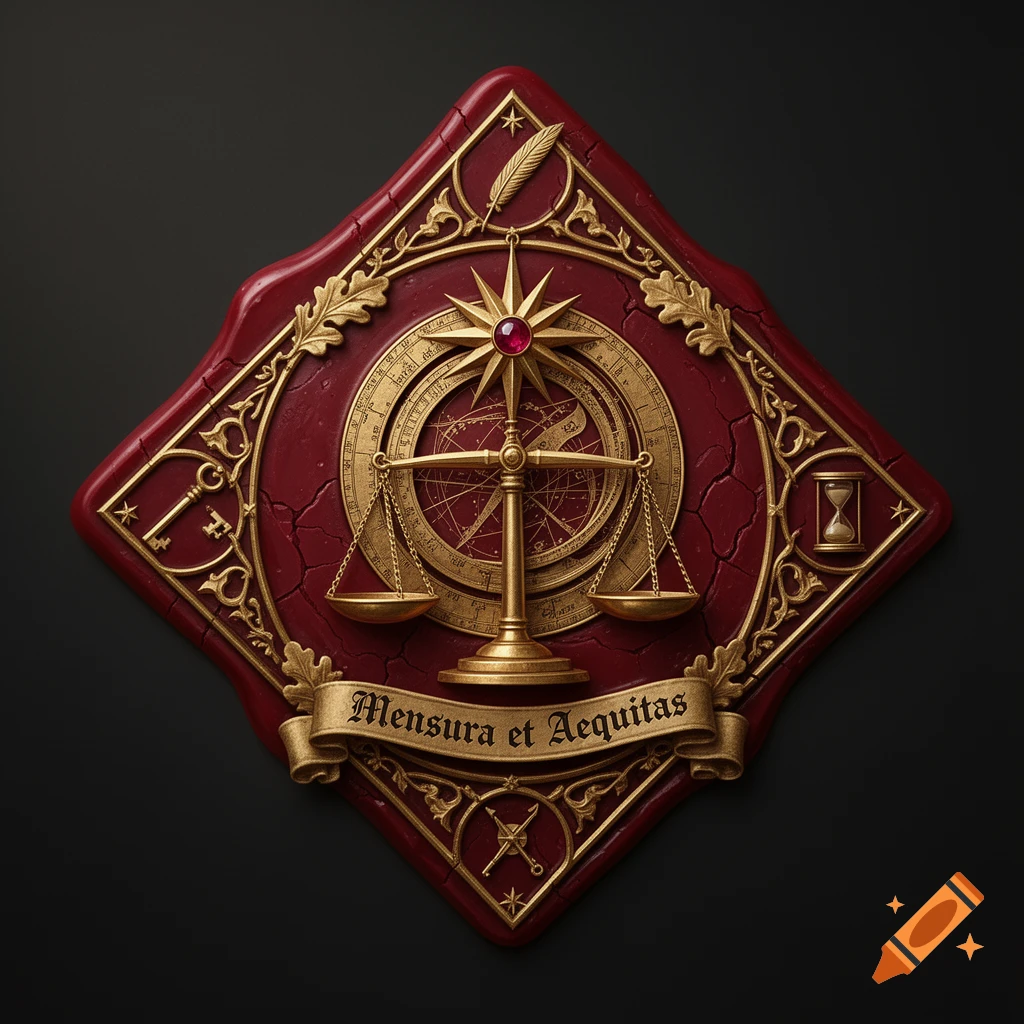 Ornate red and gold rhombus emblem with a balance scale, astrolabe, ruby star, and a banner reading 'Mensura et Aequitas'.