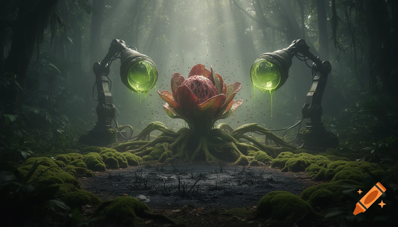 A giant, red carnivorous plant with glowing green hydraulic pods and root-like tentacles on a dark rainforest floor, surrounded by flies.