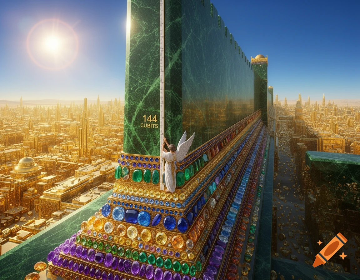 A grand green marble wall adorned with colorful gemstones, with an angel measuring it to 144 cubits, overlooking a shimmering golden city under a bright sun.