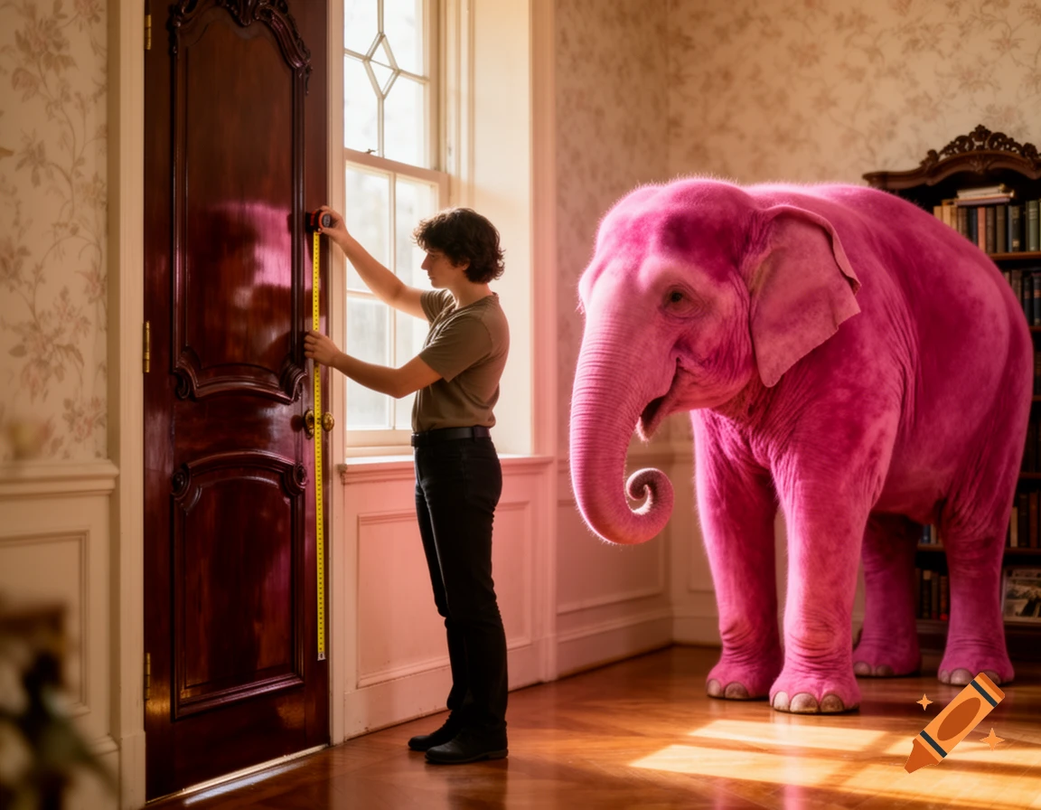 A person measures a wooden door with a tape measure while a large pink elephant stands nearby in a well-lit room.