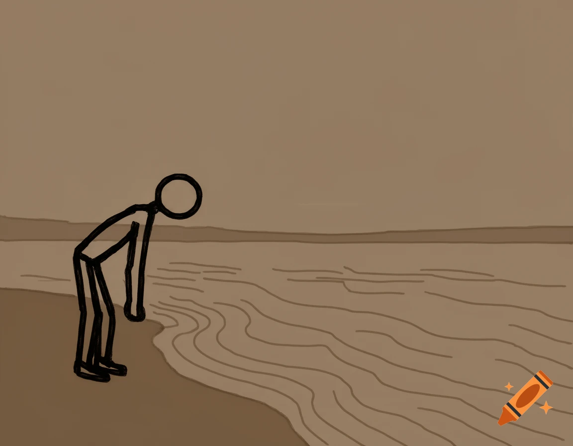 A stick figure stands at the edge of water, bending forward in a minimalist MS-Paint style illustration with earthy colors.