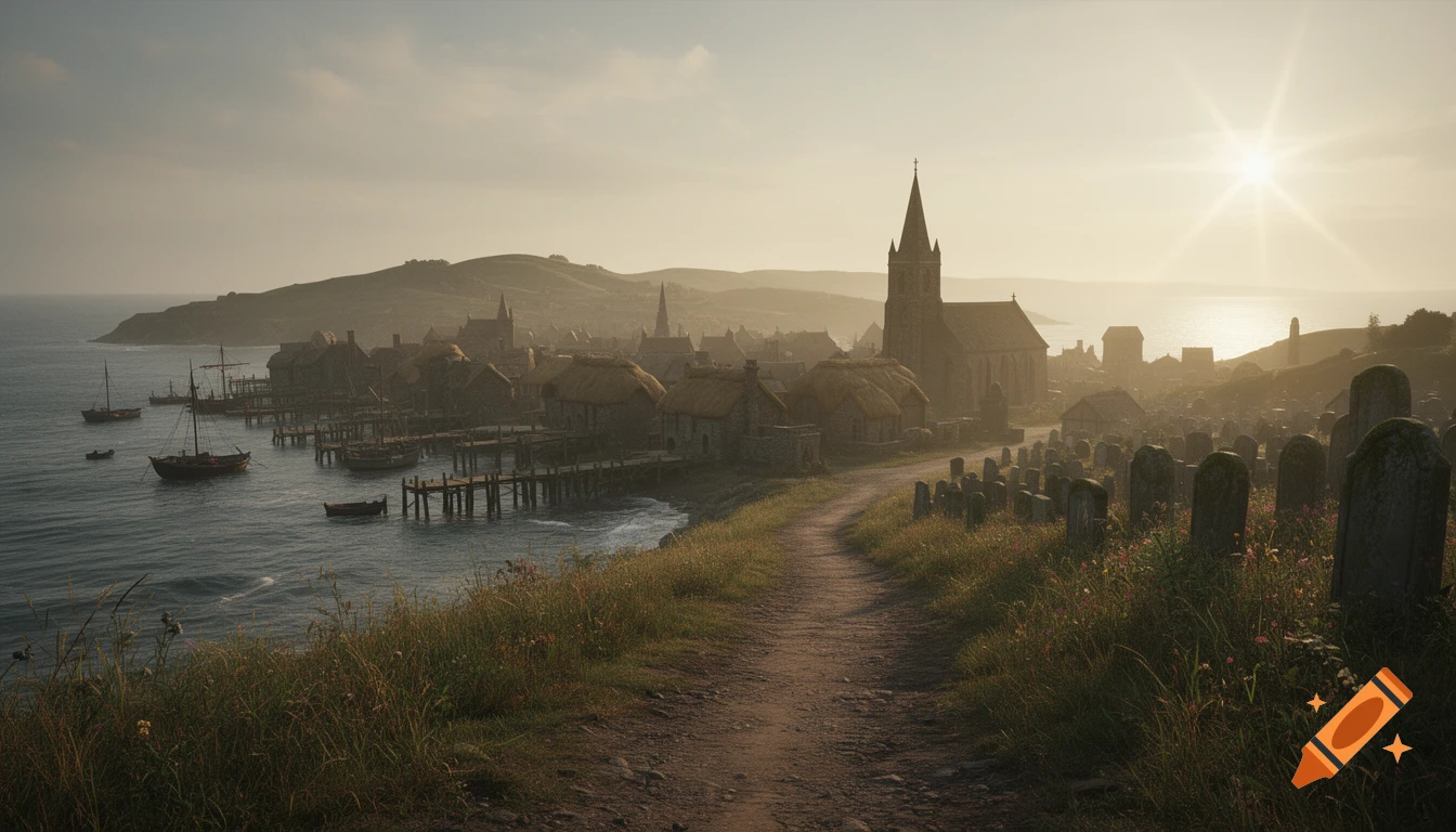 A path leads through a grassy cemetery towards a medieval coastal town with a church and docks at sunset.