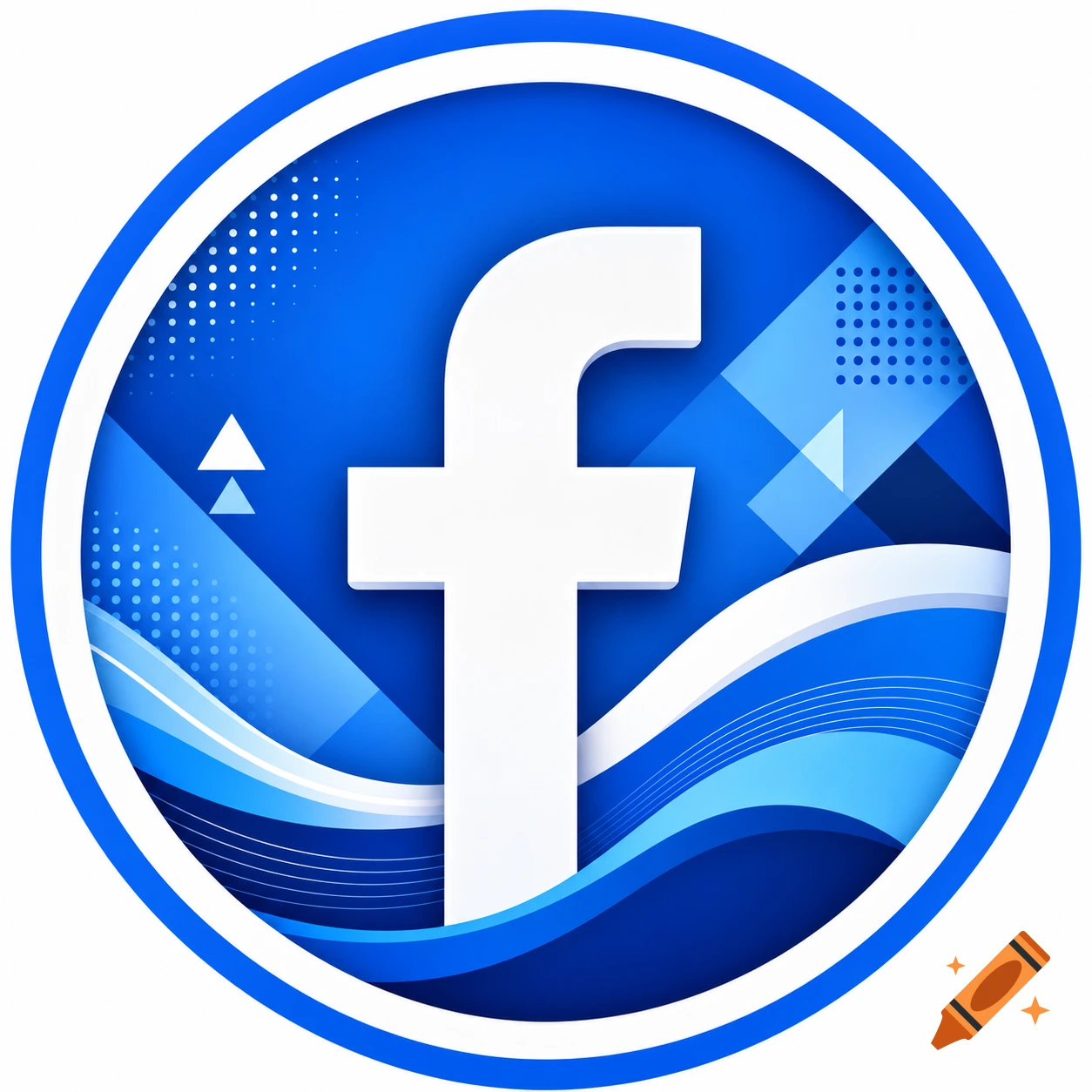 A blue circular Facebook logo with a white 'f' in the center, surrounded by abstract blue and white patterns and waves.
