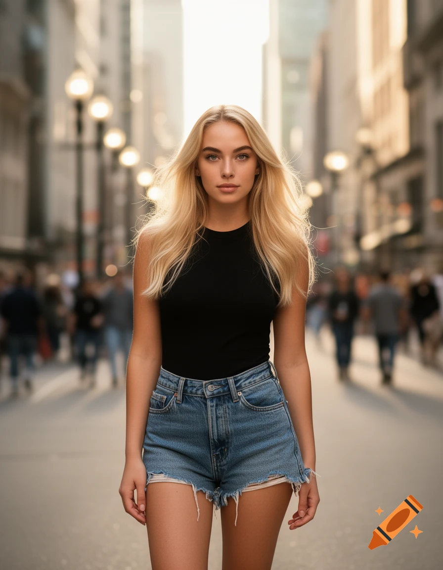 Photorealistic image of a blonde woman in a black tank top and denim shorts standing on a sunny city street.