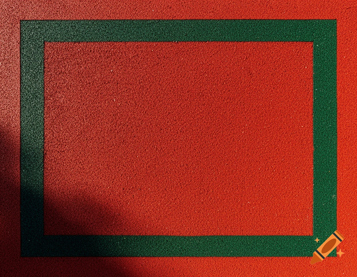 A top-down view of a textured red-brown rubber chip surface with a dark green rectangular border.