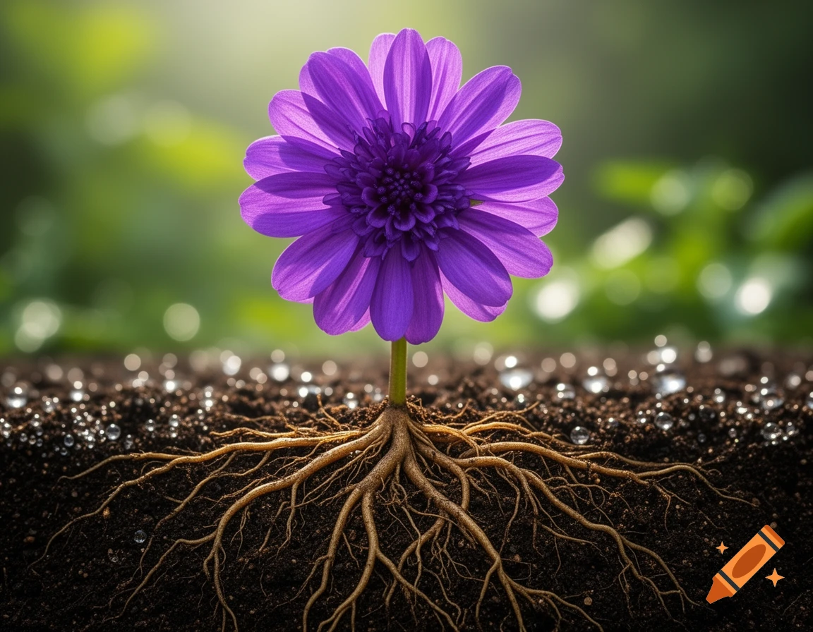 A vibrant purple flower with extensive roots growing in dark, moist soil with water droplets, against a blurry green background.