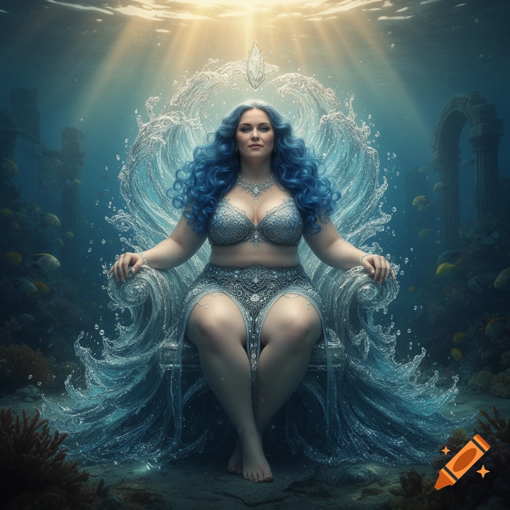 A plus-size woman with blue curly hair and a sparkling bra sits regally on a throne of swirling water, underwater with ancient ruins and fish.