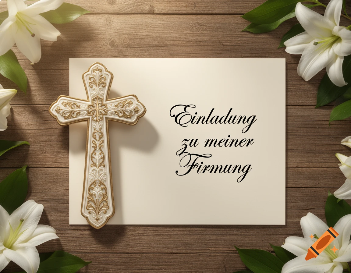 An ornate white and gold cross and an invitation card with German text 'Einladung zu meiner Firmung' surrounded by white lilies on a wooden background.