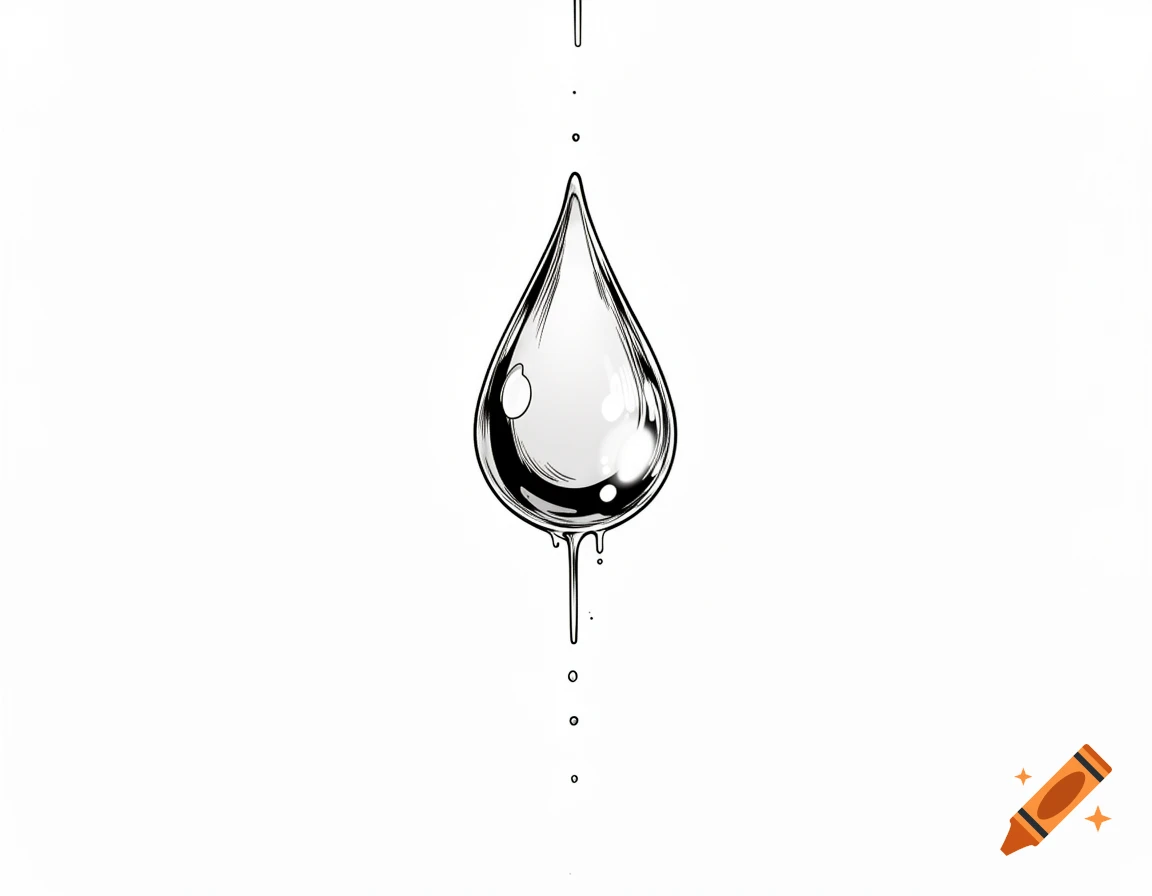 A stylized black and white illustration of a single water drop falling.