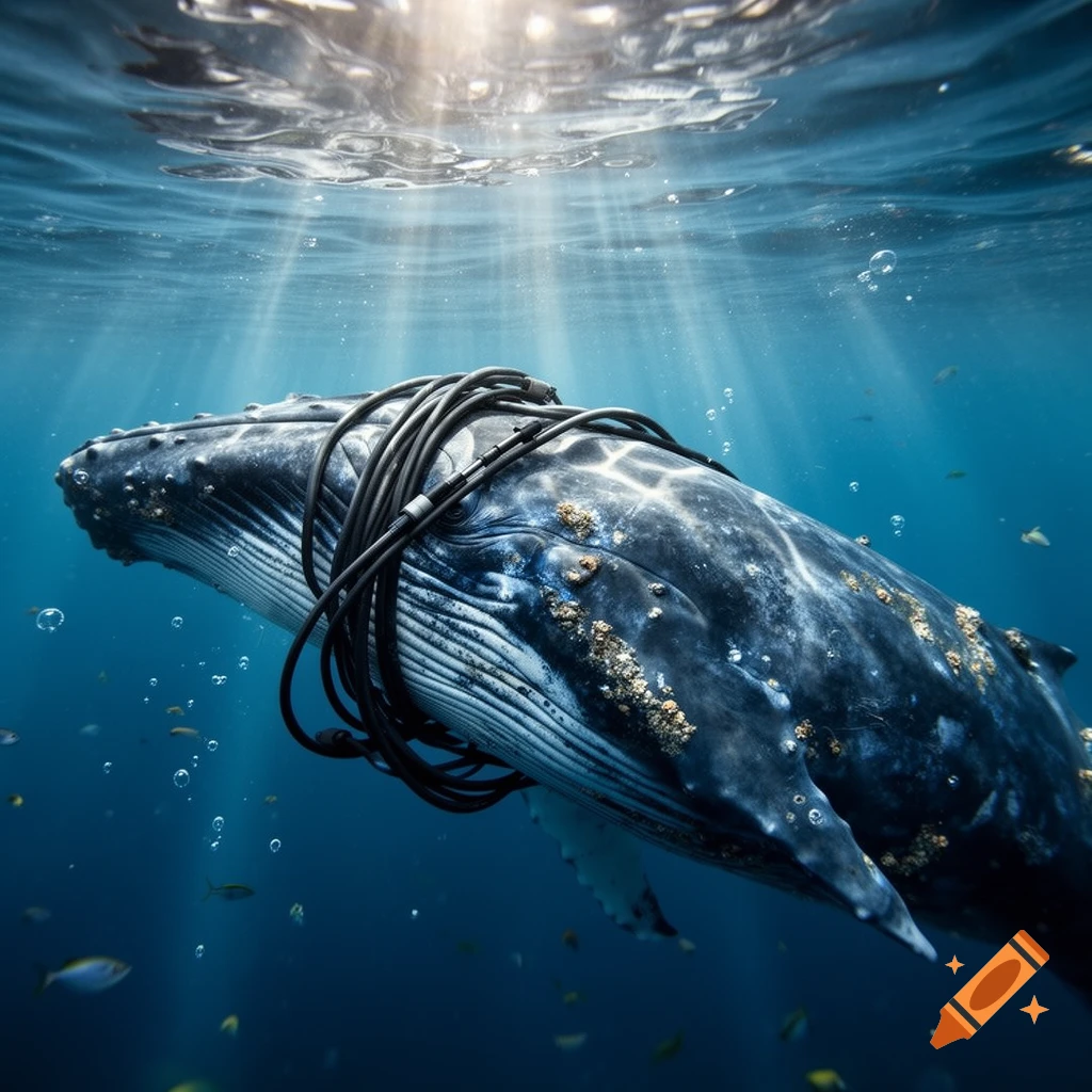 A humpback whale swims underwater with a thick black electrical cable wrapped around its body, bathed in sun rays.