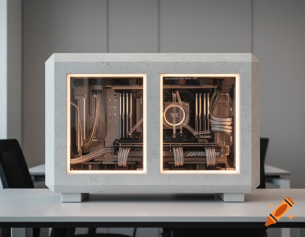 Photorealistic Thermaltake The Tower 300 computer case with a limestone finish and illuminated internal components on a white desk.