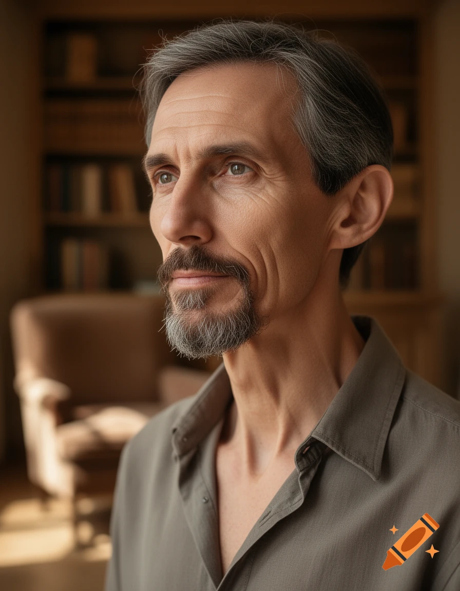 Photorealistic portrait of a middle-aged man with a goatee, looking left, in a collared shirt with a blurred bookshelf behind him.