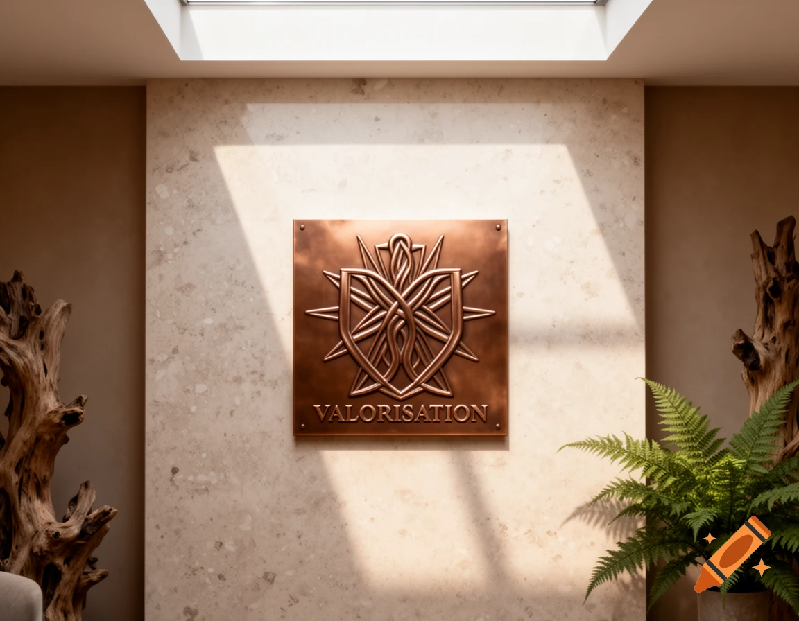 A bronze emblem with an abstract design and 'VALORISATION' on a textured wall in a modern room.