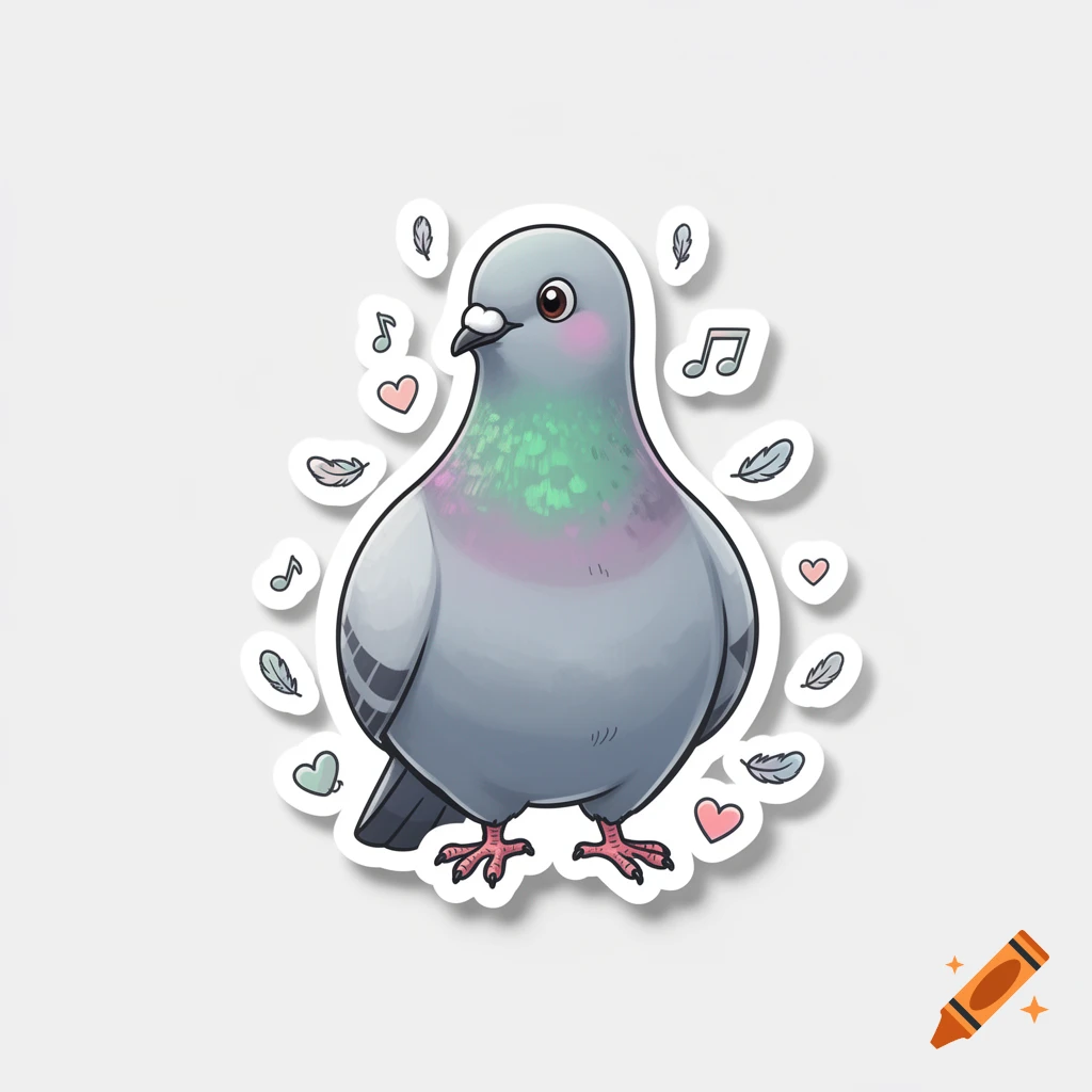 A cute, cartoon sticker of a gray pigeon with pink cheeks, surrounded by hearts, musical notes, and feathers.