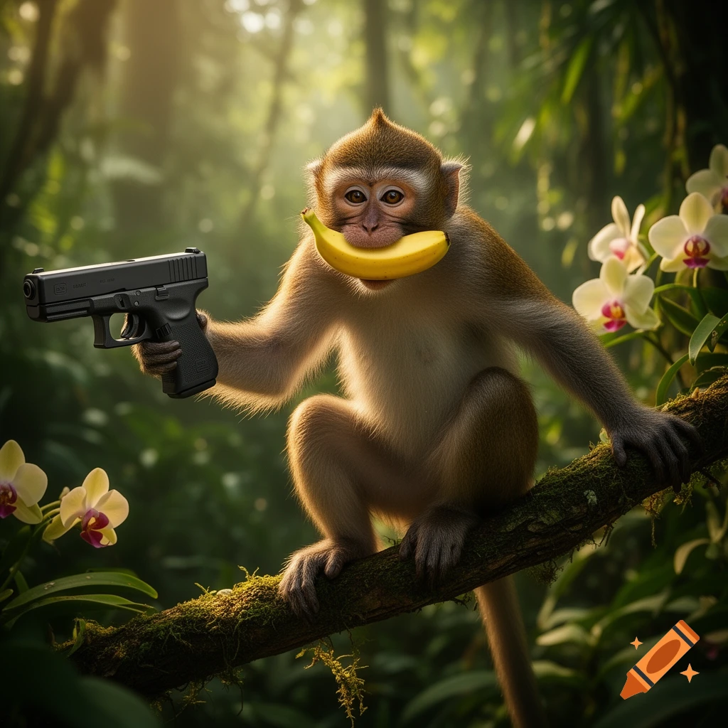 A photorealistic monkey sits on a mossy branch in a jungle, holding a black pistol and a banana in its mouth.