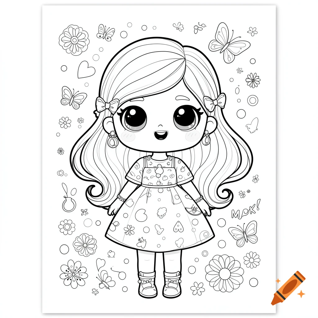 Black and white coloring page of a cute, big-eyed kawaii girl in a dress, surrounded by flowers and butterflies.