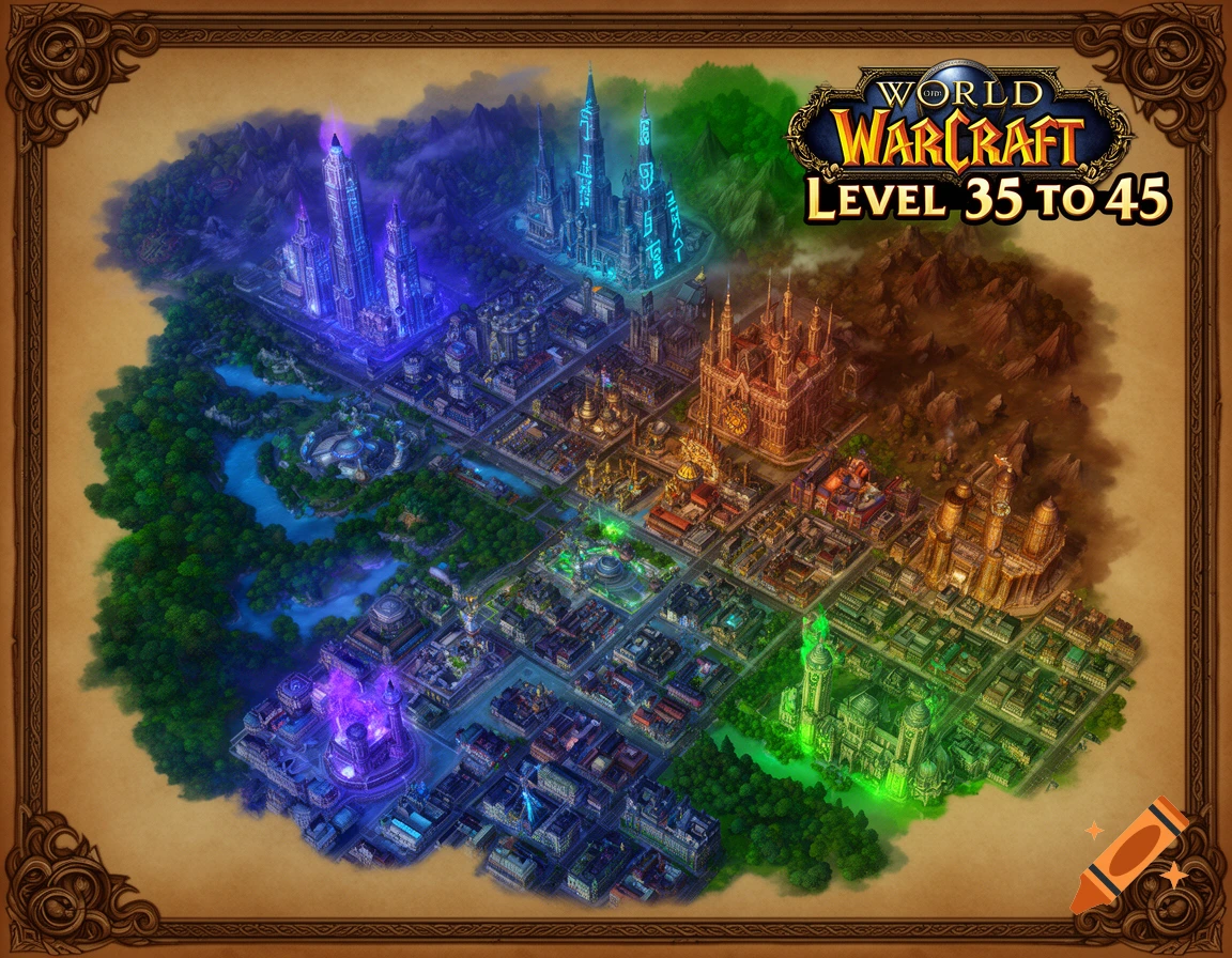 Isometric fantasy map of a colorful World of Warcraft city divided into districts, with a level display.