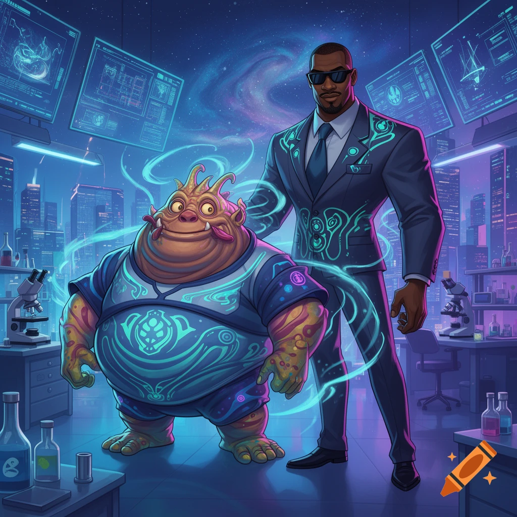 A stylized image of a man in a glowing suit and a green alien creature in a futuristic lab with holographic screens.