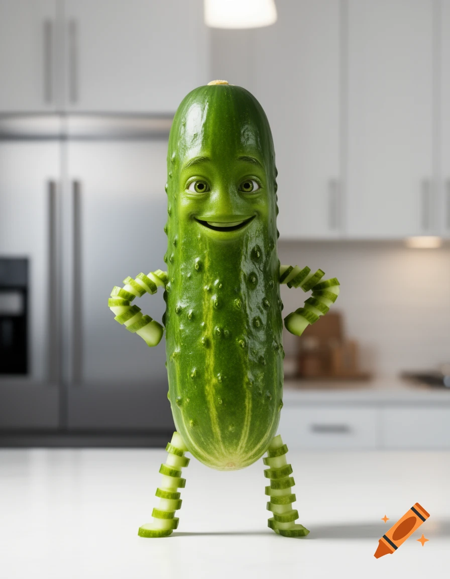 A smiling anthropomorphic cucumber character with arms and legs made of cucumber slices stands in a modern kitchen.