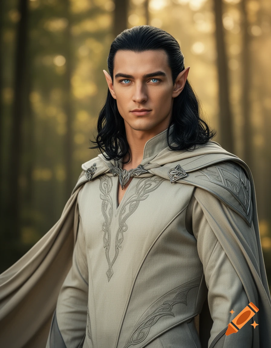 Photorealistic portrait of a young male elf with long black hair, blue eyes, and pointed ears, wearing an embroidered tunic and cape in a forest.