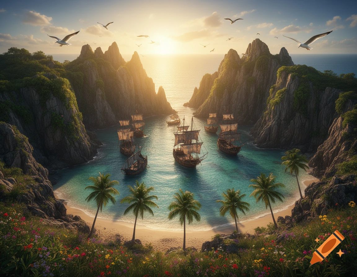 Aerial view of pirate ships in a tropical bay with rocky cliffs, sandy beach, palm trees, and sunset.