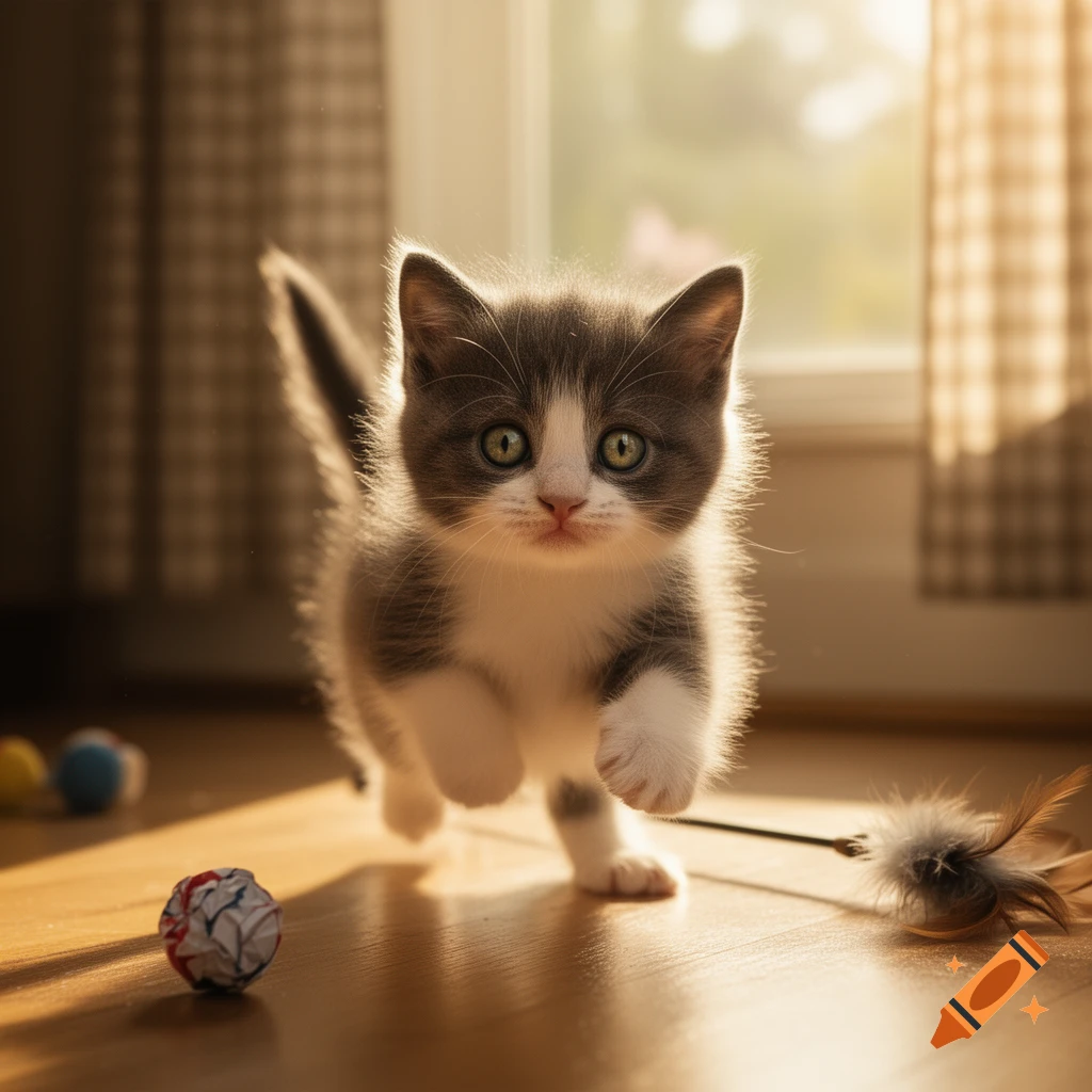 A fluffy grey and white kitten leaps playfully towards the viewer on a sunlit wooden floor, with toys scattered around.