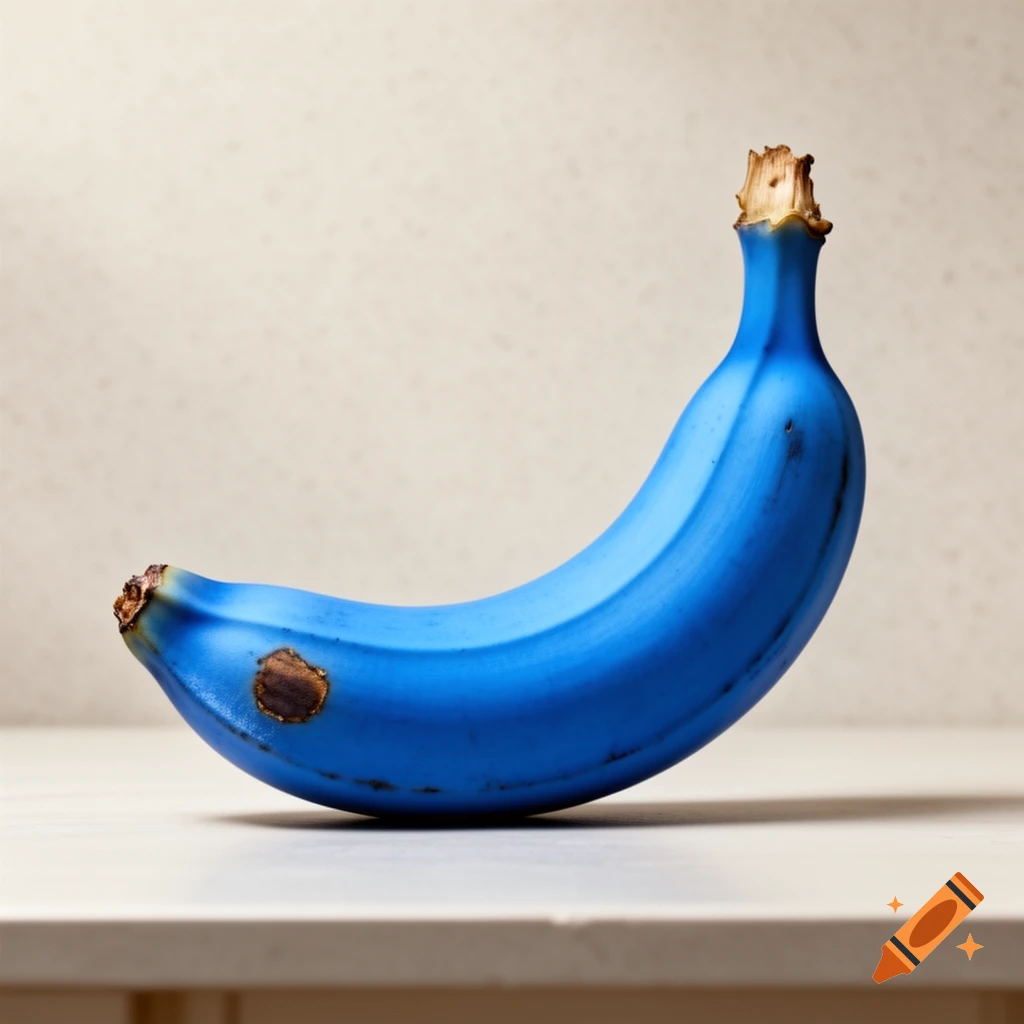 A vibrant blue banana with natural brown tips rests on a white surface against a light, textured background in a photorealistic style.