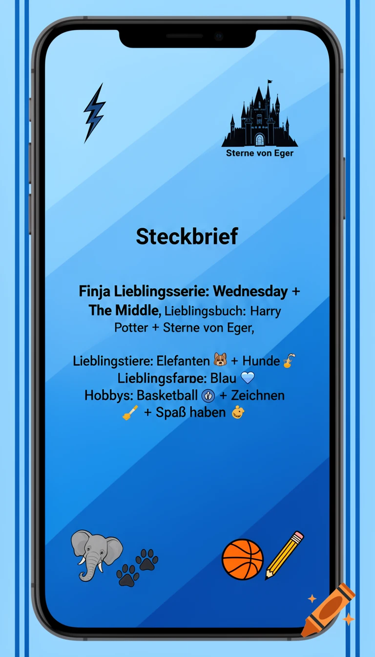 A phone screen displaying a "Steckbrief" (profile) with personal preferences like favorite series, book, animals, color, and hobbies, alongside cartoon icons for each.