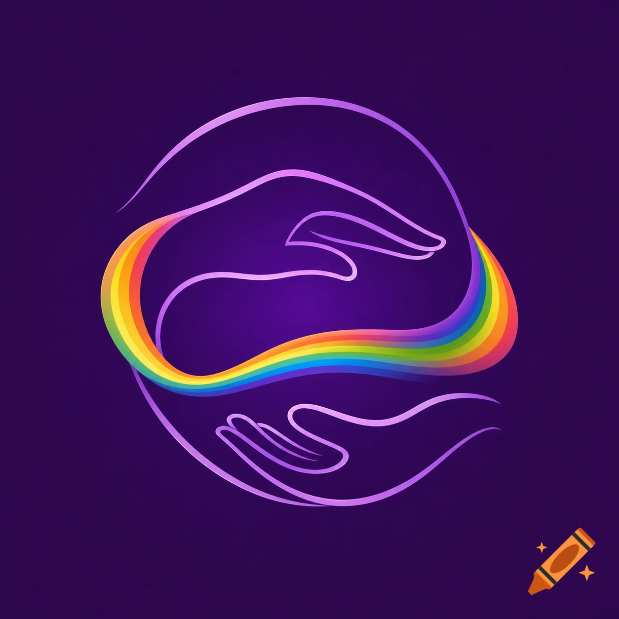 Abstract logo of two hands forming a circle, connected by a vibrant rainbow on a deep purple background.