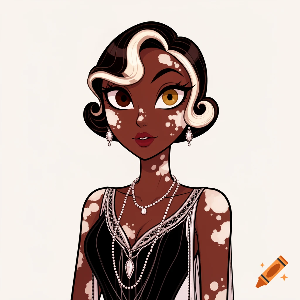 Cartoon portrait of a dark-skinned woman with vitiligo, 1920s style, short two-toned hair, heterochromatic eyes, and a beaded dress.