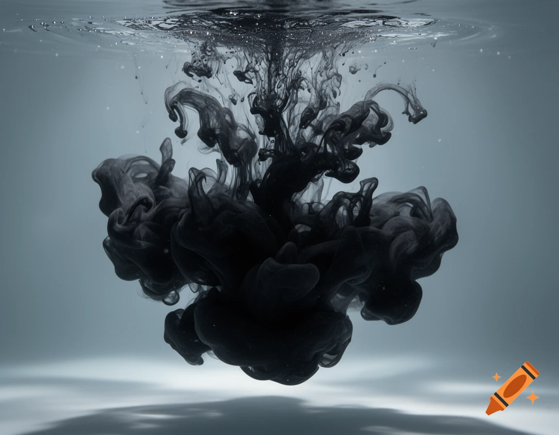 Dynamic black ink diffuses and swirls underwater, creating abstract shapes against a light grey background.