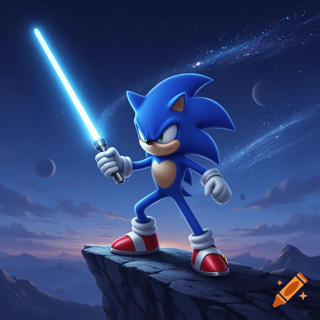 Sonic the Hedgehog stands on a cliff holding a glowing blue lightsaber under a starry, cosmic sky with planets.