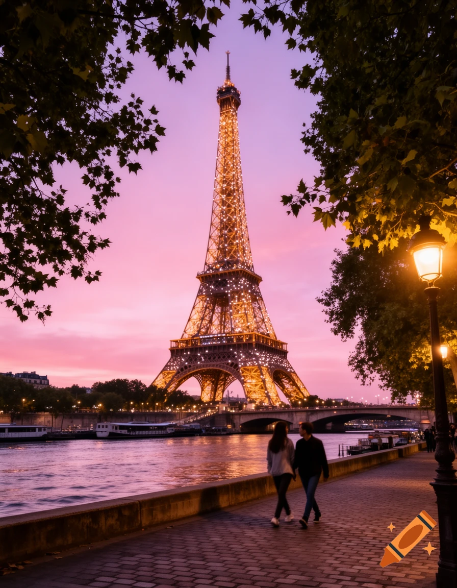 The illuminated Eiffel Tower at sunset, seen from the banks of the Seine with two people walking along a cobblestone path.